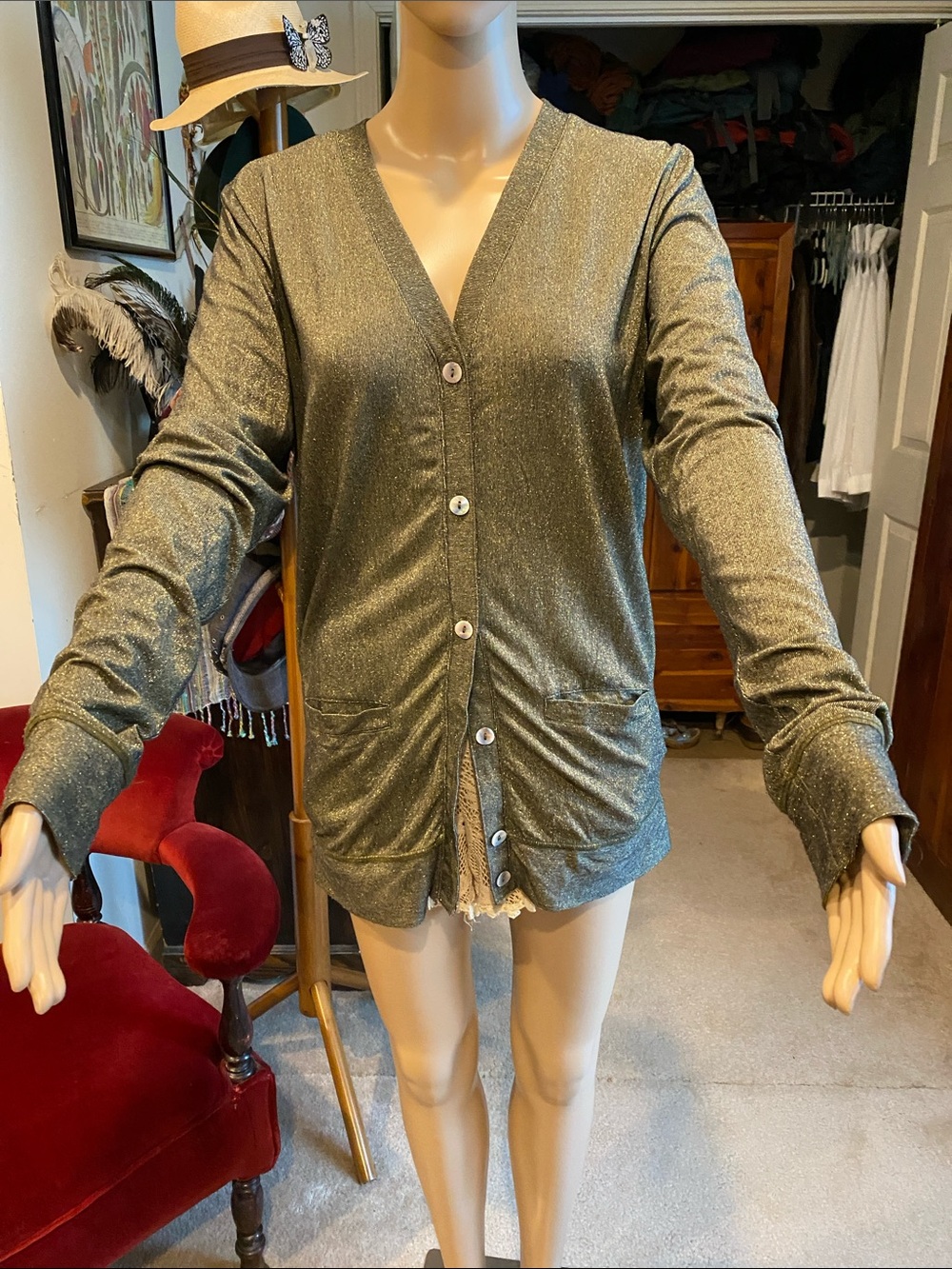 Free People Olive Metallic Button-Front Cardigan